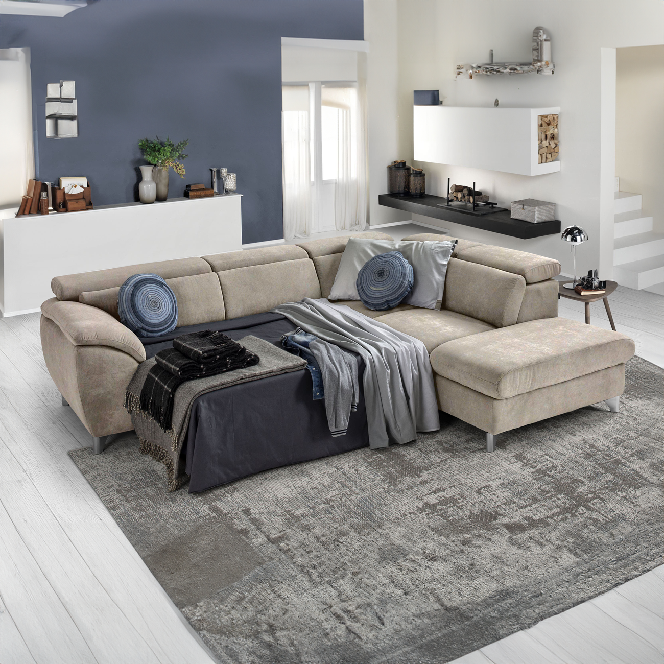 Divano angolare con penisola frontale destra e letto estraibile 265 x 225 cm, in tessuto beige - Viky