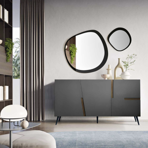 2-Madia credenza 3 ante inserti teak con scocca Antracite GIRONA con 5 piedini