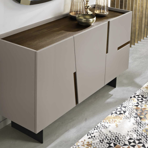 Madia credenza 3 ante inserti teak con scocca Tortora GIRONA con 2 piedini3