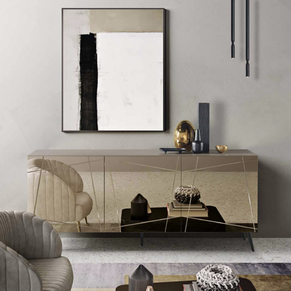 Madia credenza a 3 ante in vetro specchio bronzo scocca tortora e 5 piedini ISIDE -1